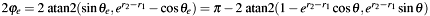 $2\varphi_e=2\textrm{ atan2}(\sin\theta_e, e^{r_2-r_1} - \cos\theta_e)=\pi-2\textrm{ atan2}(1-e^{r_2-r_1}\cos\theta, e^{r_2-r_1}\sin\theta)$